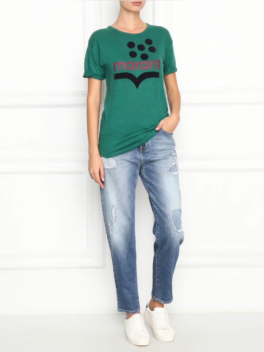 Isabel Marant Etoile Koldi Logo Green Linen Short Sleeve Tee